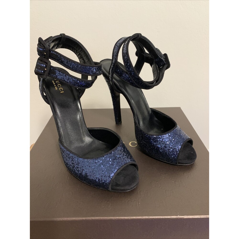 New Gucci Blue Sparkling Glitter Suede Ankle Strap Heel Sandal Size 38